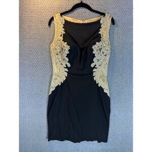 Narianna Women’s LBD Short Black Gold Lace Beaded Sheer Illusion Dress Women L